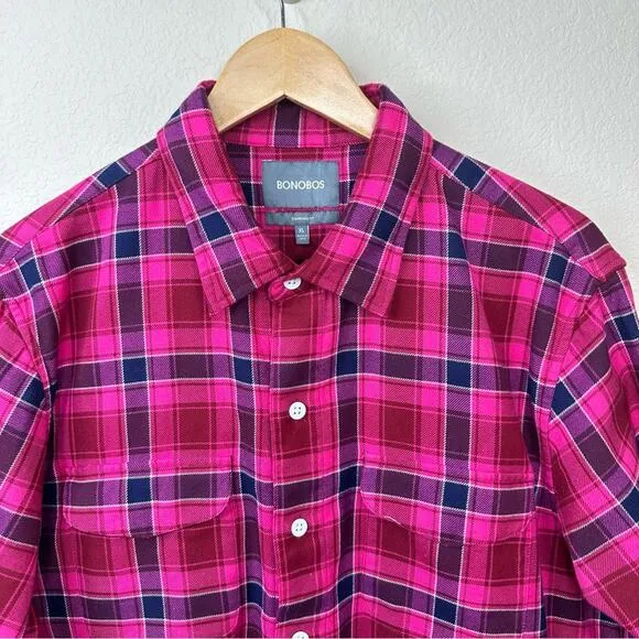 BONOBOS Mens Sz XL Standard Fit Pink  Blue Plaid Long Sleeve Button-Up Shirt