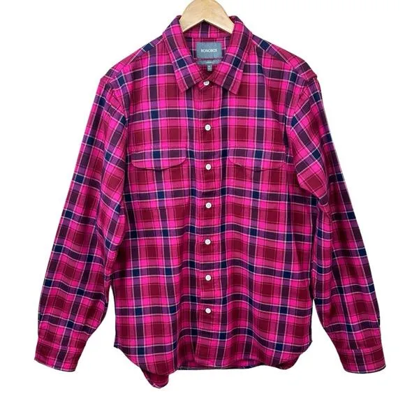 BONOBOS Mens Sz XL Standard Fit Pink  Blue Plaid Long Sleeve Button-Up Shirt