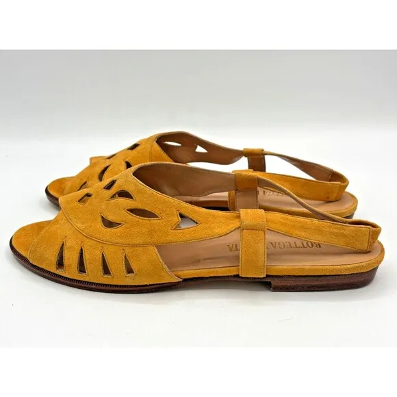 Bottega Veneta Yellow Suede Leather Slingback Strap Sandals Vintage Cutouts Flat