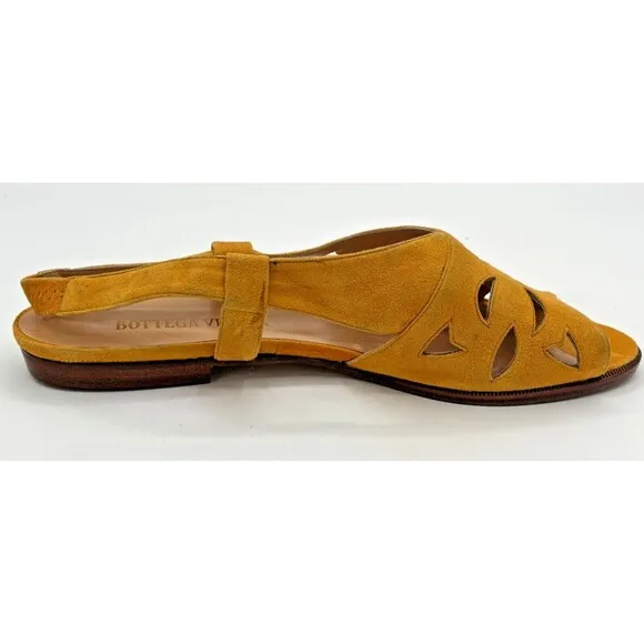 Bottega Veneta Yellow Suede Leather Slingback Strap Sandals Vintage Cutouts Flat