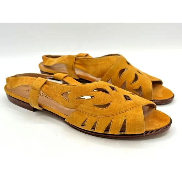 Bottega Veneta Yellow Suede Leather Slingback Strap Sandals Vintage Cutouts Flat