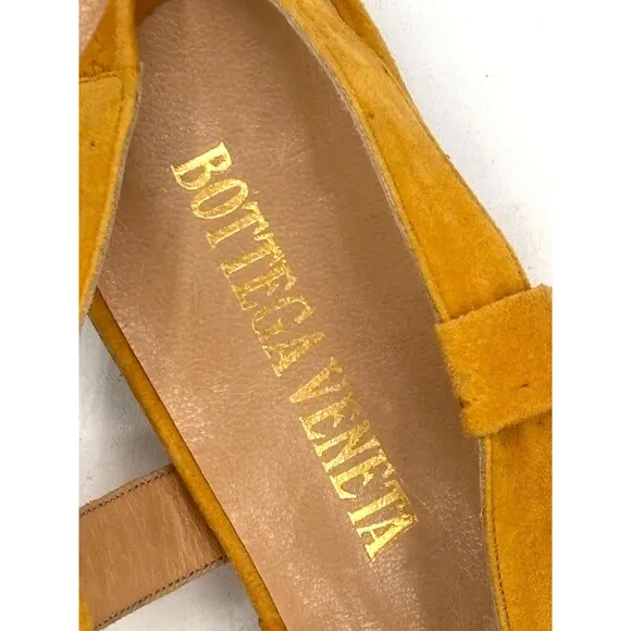 Bottega Veneta Yellow Suede Leather Slingback Strap Sandals Vintage Cutouts Flat