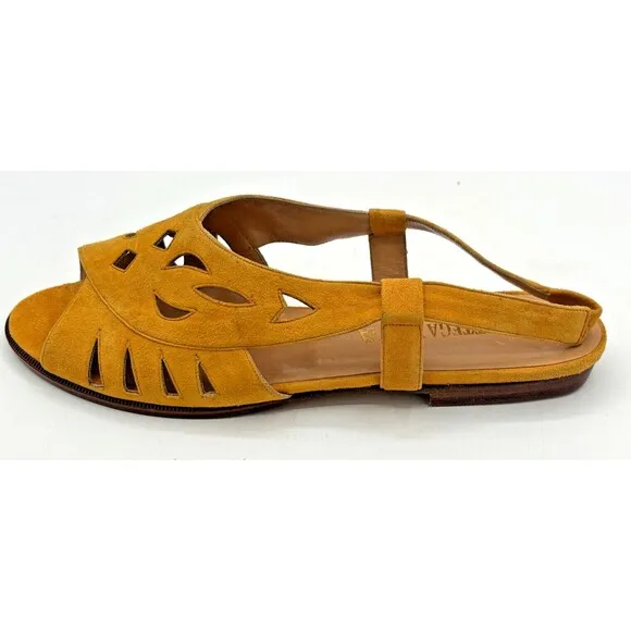Bottega Veneta Yellow Suede Leather Slingback Strap Sandals Vintage Cutouts Flat