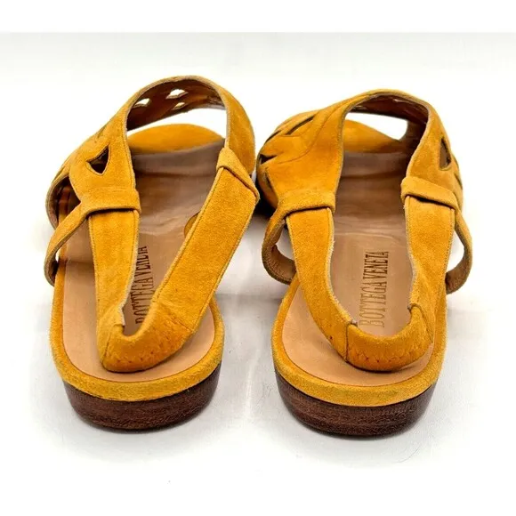 Bottega Veneta Yellow Suede Leather Slingback Strap Sandals Vintage Cutouts Flat