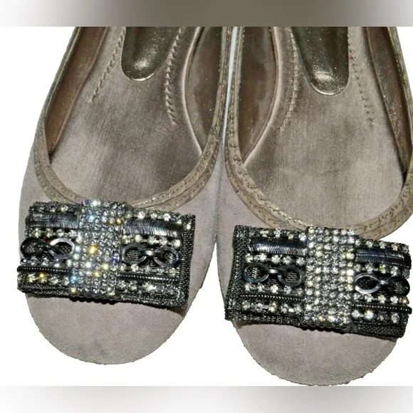 BOURNE SIZE 9 M 39 GRAY SUEDE LEATHER RHINESTONES BOW BALLET FLATS SHOES