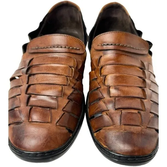 Bragano Mens 9.5 Loafers Brown Leather Basket Weave Italian Slip On Shoes