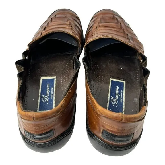 Bragano Mens 9.5 Loafers Brown Leather Basket Weave Italian Slip On Shoes