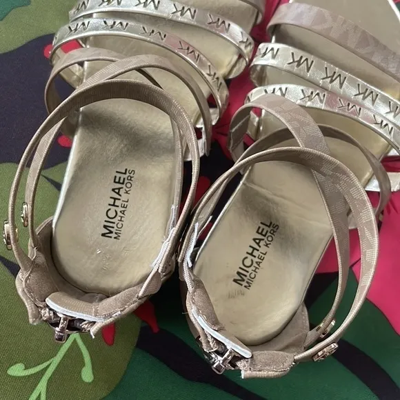 Brand New Michael Kors Camel &amp; Soft Gold Multi Strap Back Zipper Logo Sandals
