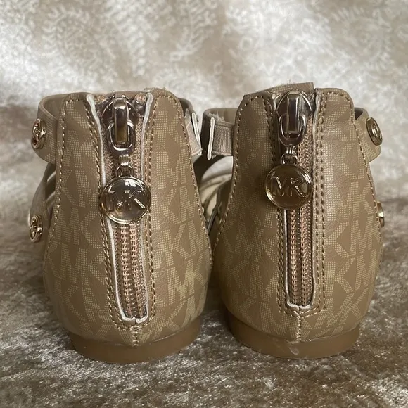 Brand New Michael Kors Camel &amp; Soft Gold Multi Strap Back Zipper Logo Sandals