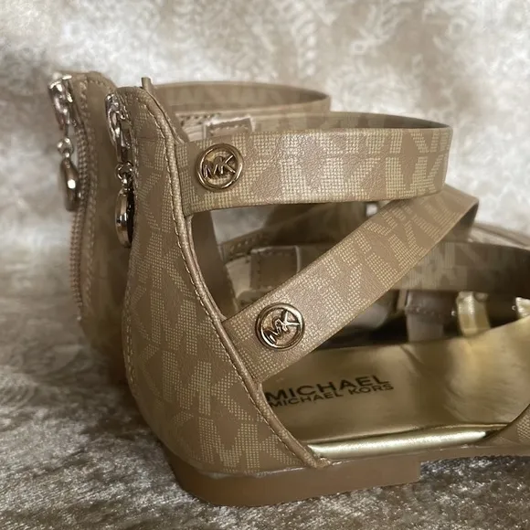 Brand New Michael Kors Camel &amp; Soft Gold Multi Strap Back Zipper Logo Sandals