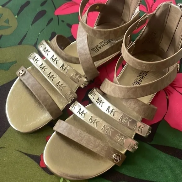 Brand New Michael Kors Camel &amp; Soft Gold Multi Strap Back Zipper Logo Sandals