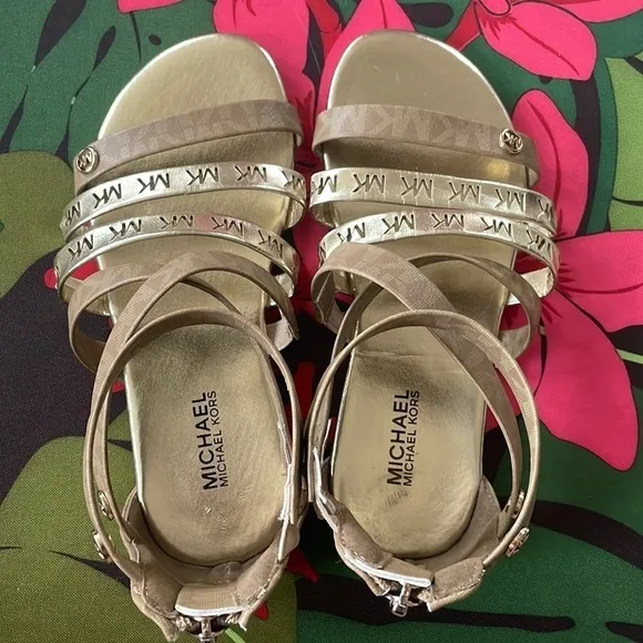 Brand New Michael Kors Camel &amp; Soft Gold Multi Strap Back Zipper Logo Sandals