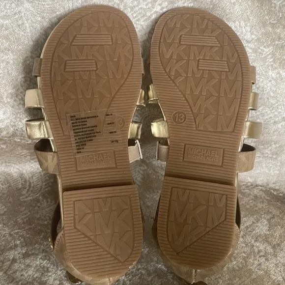 Brand New Michael Kors Camel &amp; Soft Gold Multi Strap Back Zipper Logo Sandals