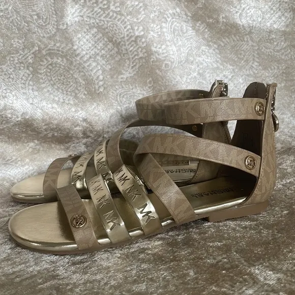 Brand New Michael Kors Camel &amp; Soft Gold Multi Strap Back Zipper Logo Sandals