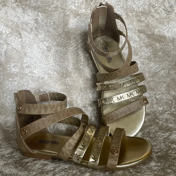 Brand New Michael Kors Camel &amp; Soft Gold Multi Strap Back Zipper Logo Sandals