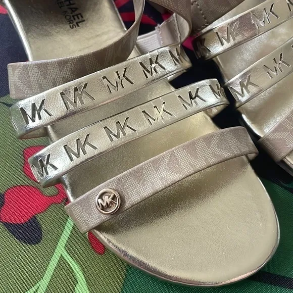 Brand New Michael Kors Camel &amp; Soft Gold Multi Strap Back Zipper Logo Sandals