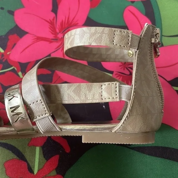 Brand New Michael Kors Camel &amp; Soft Gold Multi Strap Back Zipper Logo Sandals