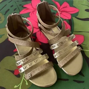 Brand New Michael Kors Camel &amp; Soft Gold Multi Strap Back Zipper Logo Sandals