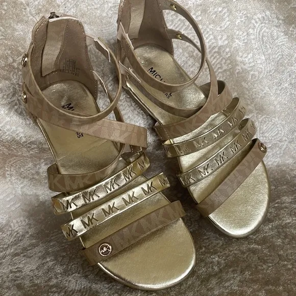 Brand New Michael Kors Camel &amp; Soft Gold Multi Strap Back Zipper Logo Sandals