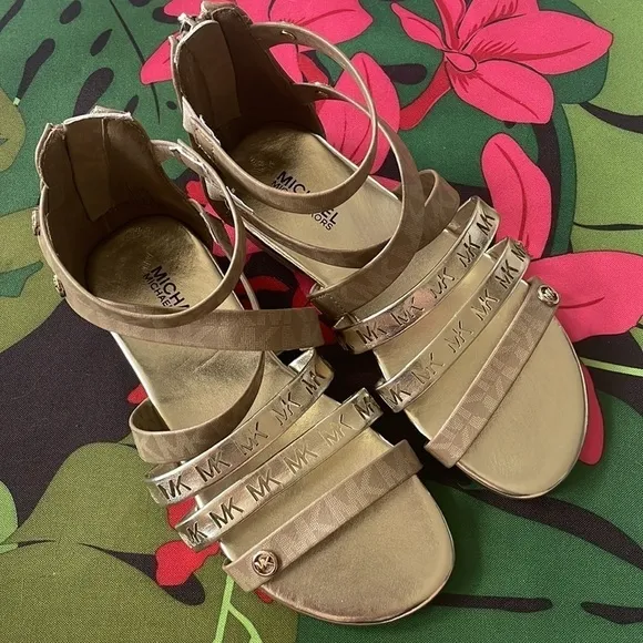 Brand New Michael Kors Camel &amp; Soft Gold Multi Strap Back Zipper Logo Sandals