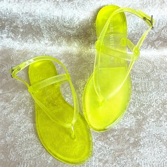 Brand New Stuart Weitzman Jelly Florescent Yellow Thong Ankle Strap Sandals