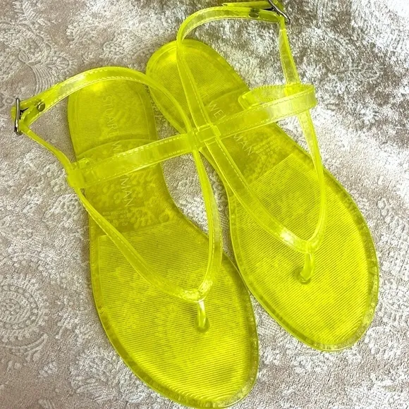 Brand New Stuart Weitzman Jelly Florescent Yellow Thong Ankle Strap Sandals