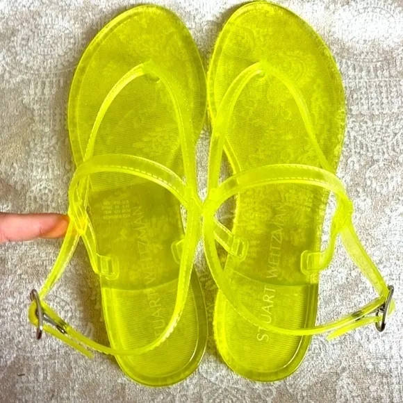 Brand New Stuart Weitzman Jelly Florescent Yellow Thong Ankle Strap Sandals