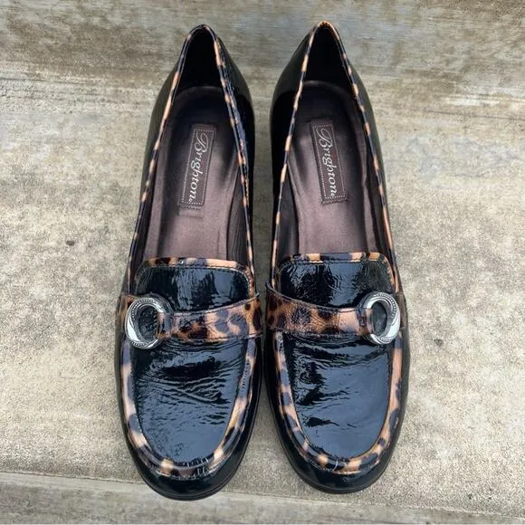 Brighton Actor Heeled Leopard Cheetah Print Black Patent Leather Loafers 9M