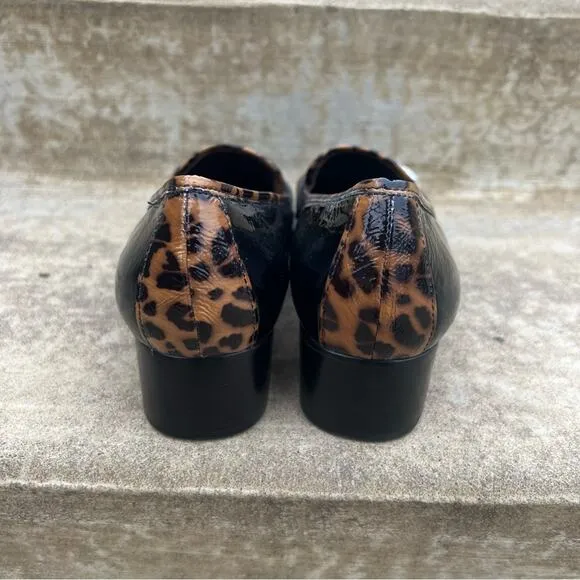 Brighton Actor Heeled Leopard Cheetah Print Black Patent Leather Loafers 9M