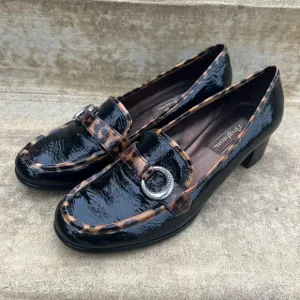 Brighton Actor Heeled Leopard Cheetah Print Black Patent Leather Loafers 9M
