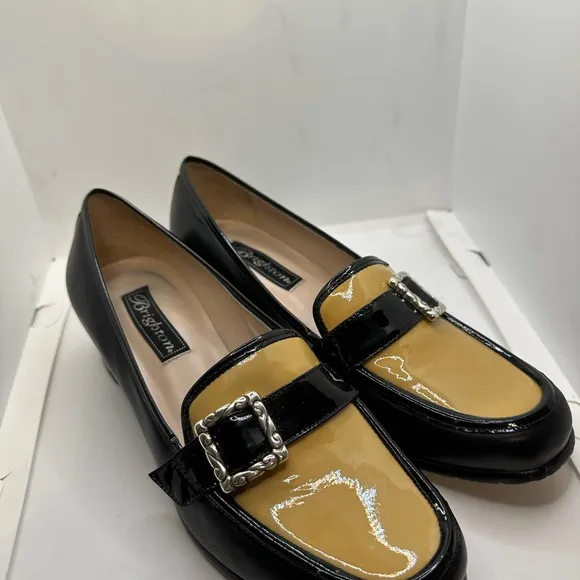 Brighton Black and Tan Loafers with Silver Buckle