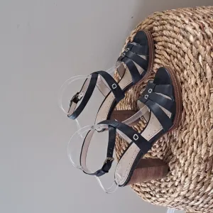 BROOKS‎ BROTHERS Womens Navy Leather Multi Strap Sandals 4&quot; Heel S-7.5