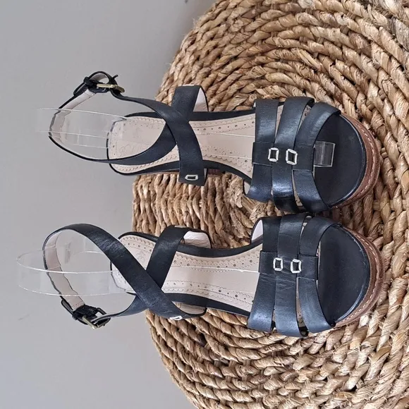 BROOKS‎ BROTHERS Womens Navy Leather Multi Strap Sandals 4&quot; Heel S-7.5