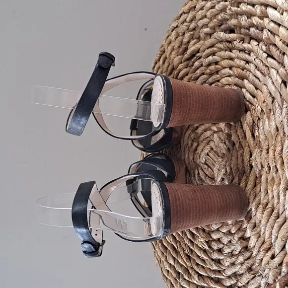 BROOKS‎ BROTHERS Womens Navy Leather Multi Strap Sandals 4&quot; Heel S-7.5