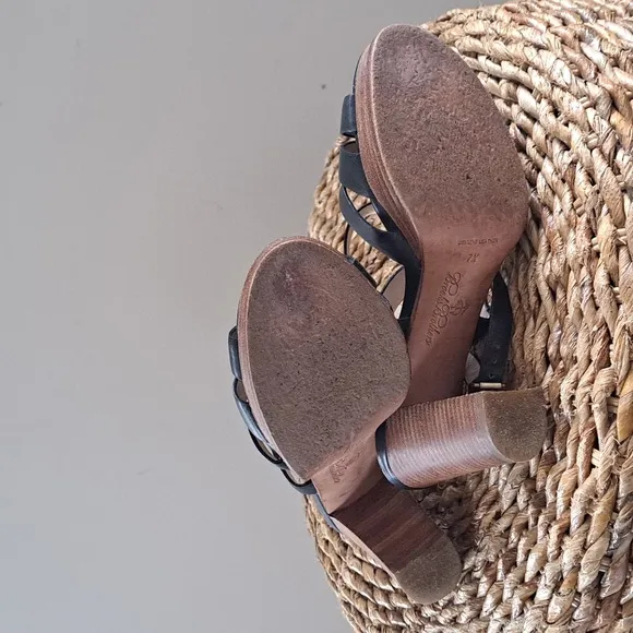 BROOKS‎ BROTHERS Womens Navy Leather Multi Strap Sandals 4&quot; Heel S-7.5