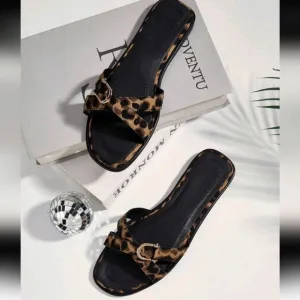 Brown Square Toe Cross Strap Slip-On Flat Sandals, Casual Commute Daily