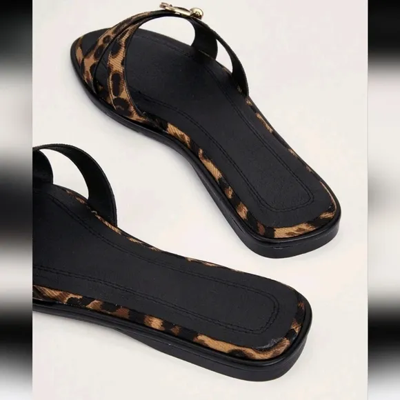 Brown Square Toe Cross Strap Slip-On Flat Sandals, Casual Commute Daily