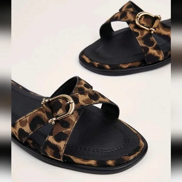 Brown Square Toe Cross Strap Slip-On Flat Sandals, Casual Commute Daily