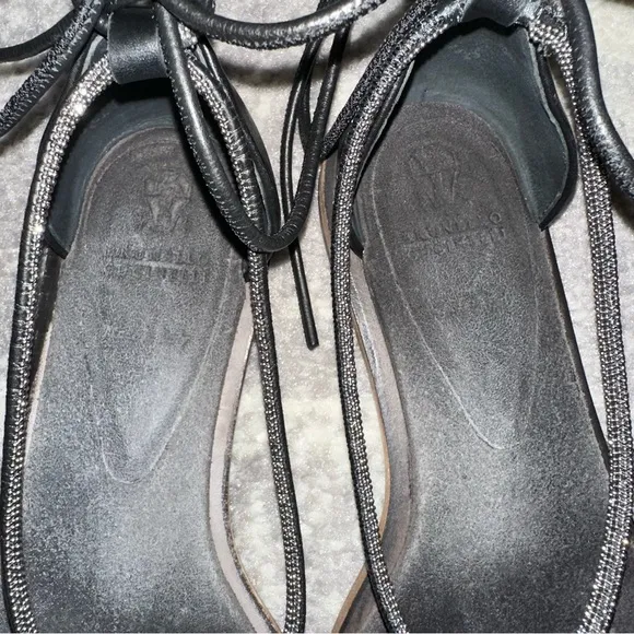 BRUNELLO CUCINELLI Monili-Trim Leatherr Ankle Wrap Sandals Black