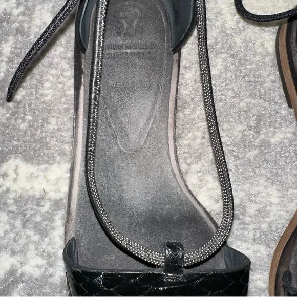 BRUNELLO CUCINELLI Monili-Trim Leatherr Ankle Wrap Sandals Black