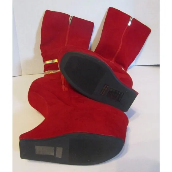 Bumper Knee-High Platform Boots Studded Cross High Heel Wedge Red Suede Size 8.5