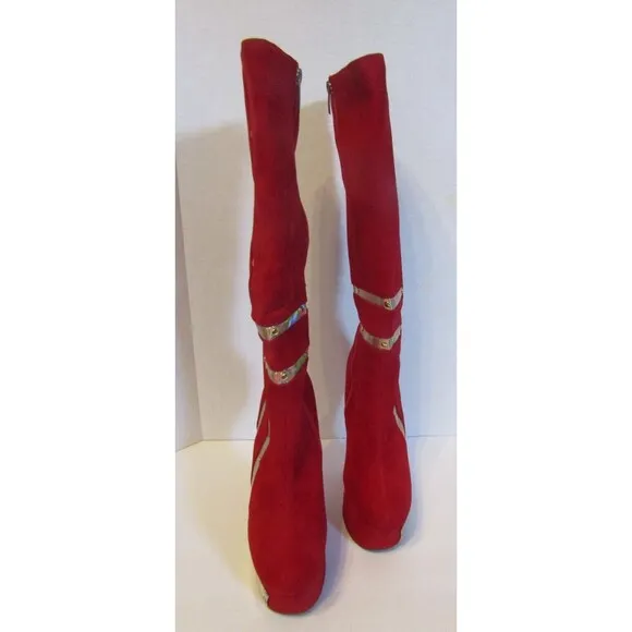 Bumper Knee-High Platform Boots Studded Cross High Heel Wedge Red Suede Size 8.5