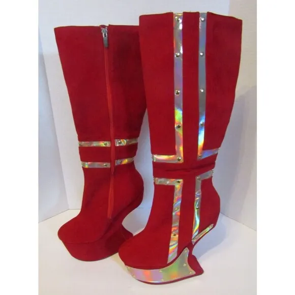Bumper Knee-High Platform Boots Studded Cross High Heel Wedge Red Suede Size 8.5