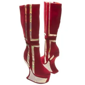 Bumper Knee-High Platform Boots Studded Cross High Heel Wedge Red Suede Size 8.5
