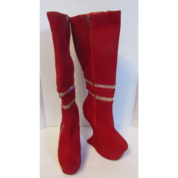 Bumper Knee-High Platform Boots Studded Cross High Heel Wedge Red Suede Size 8.5