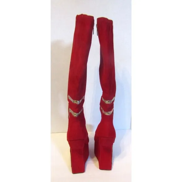 Bumper Knee-High Platform Boots Studded Cross High Heel Wedge Red Suede Size 8.5
