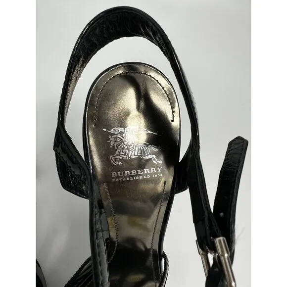 Burberry Heeled Sandals Women 10 / 40 Black  Patent Leather Strappy Strap Heels