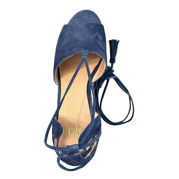 CABI #6001 Navy Isla Suede Wedge Wrap Around Ankle Tie Tassel Sandals Size 9