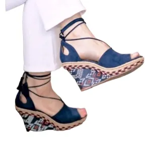 CABI #6001 Navy Isla Suede Wedge Wrap Around Ankle Tie Tassel Sandals Size 9