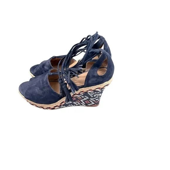 CABI #6001 Navy Isla Suede Wedge Wrap Around Ankle Tie Tassel Sandals Size 9